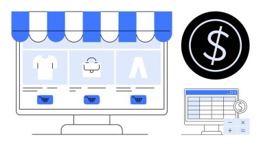 Çizgili bir tepe örtüsü, para birimi sembolü ve hesaplama grafiği altında ürün kategorilerinin yer aldığı çevrimiçi mağaza arayüzü. E-ticaret, finans, satış, bütçe, perakende, pazarlama sektörü için ideal