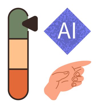 Değişken renkte işlem çubuğu, elmas şekilli yapay zeka etiketi ve öne bakan el. Yenilik için ideal, makine öğrenme, veri işleme, otomasyon, karar verme, teknoloji fütüristik