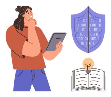 Tablet tutan düşünceli bir kadın, ikili kod gösteren bir kalkan, ampullü açık bir kitap. Teknoloji, siber güvenlik, eğitim, yenilik, bilgi paylaşımı, veri koruması dijital için ideal
