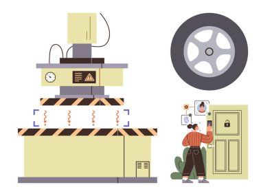Güvenlik kapısında kimlik taraması yapan bir kadın. Yakınlarda büyük endüstriyel baskı makinesi ve tekerlek var. Güvenlik, teknoloji, üretim, yenilik, mühendislik, endüstri güvenliği kavramları için idealdir. Basit düz metafor