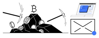 Kazma mayını gibi kayalardan çıkan bitmadeni paralar ve yanında bir dizüstü bilgisayar arayüzü. Engelleme zinciri, teknoloji, kripto para birimi, madencilik, fintech, yatırım yenilik temaları için idealdir. Basit düz