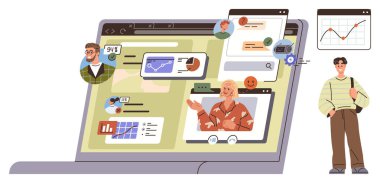 İşbirliği ve analiz için video aramaları, çizelgeler ve mesajlar içeren dizüstü bilgisayar ekranı. Takım çalışması, uzaktan iletişim, teknoloji, iş büyümesi, dijital bağlantılar ve eğitim için ideal