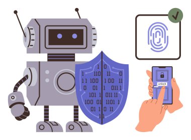 Robot ikili kalkan tutuyor. Parmak izi açık akıllı telefon kullanıyor. Kene izi erişimi doğruluyor. Siber güvenlik, gizlilik, kimlik doğrulama, yapay zeka, teknoloji, yenilik veri güvenliği için ideal