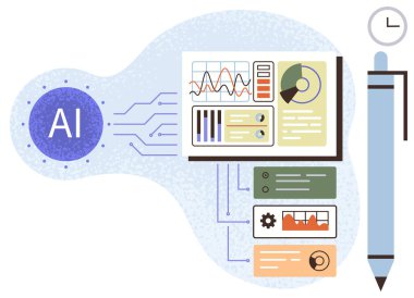Yapay zeka çipi, grafikler, pasta grafikleri ve görev özeti ile gösterge paneline bağlı. Kalem ve saat kullanım ve zaman bağlamını ekler. Teknoloji, yenilik, analitik, iş dünyası, araştırma otomasyonu için ideal