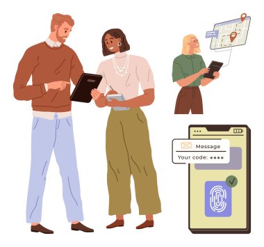 Tablet ve akıllı telefonla işbirliği yapan profesyoneller, güvenli mobil kimlik doğrulamasını araştırıyorlar. Harita navigasyon ve mesajlaşma görselleri dijital takım çalışmasını vurgular. Teknoloji ve kimlik doğrulama için ideal