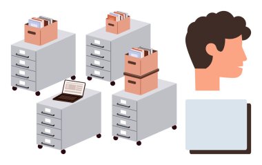 Dolaplar dolusu belge, dolapta duran dizüstü bilgisayar, soyut insan kafası, basit tablet. Ofis yönetimi, veri depolama, organizasyon, dijital araçlar, işgücü için ideal