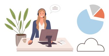 Masasında kulaklığı, bilgisayarı, kahve fincanı, pasta tablosu ve bulut grafiği olan bir kadın. İş iletişimi için ideal, uzaktan çalışma, veri analizi, müşteri desteği teknik hizmetleri sanal toplantıları için basit