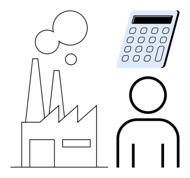 Egzozlu fabrika binası, yukarıda bir hesap makinesi ve imalatı, finansmanı, bütçeyi, analizi, yönetimi, verimliliği ve takım çalışmasını vurgulayan basit bir insan figürü. Basit için ideal