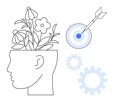 Büyümeyi simgeleyen çiçekli insan kafası, verimliliği gösteren dişliler, odak noktasını gösteren hedef ve dart. Ruh sağlığı, yaratıcılık, başarı, planlama, kalkınma, hedef belirleme için ideal