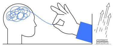 Beyninde dağınık bir iplik olan insan kafası yukarı doğru çıkan oklarla çözülmesi gelişme ve büyüme anlamına gelir. Zihinsel berraklık, problem çözme, kişisel büyüme, yaratıcılık, stres yönetimi için ideal