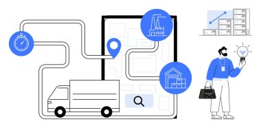 Teslimat kamyonu yönlendirilmiş harita üzerinde fabrika, depo ve veri görselleştirme simgeleriyle birlikte. Ampul tutan fabrika işçisi yeniliği simgeler. Nakliye, tedarik zinciri, teknoloji ve teslimat için ideal