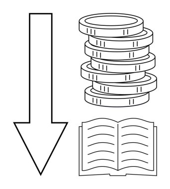 Aşağı ok, bozuk para yığını, açık kitap finansal çöküşü, eğitimi ve öğrenmeyi simgeliyor. Finans, ekonomi, eğitim, yatırım kaybı iş ve strateji konuları için idealdir. Basit düz