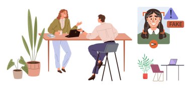 Bir masadaki iki meslektaş medya doğrulamasını uyarı işareti olarak tartışıyor ve sahte medya algılaması gösteriyor. Dijital güvenlik, medya okuryazarlığı, derin sahte farkındalık, iletişim, takım çalışması için ideal