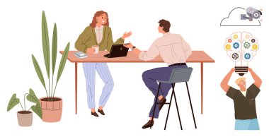 İki meslektaş bir masada dizüstü bilgisayarla birlikte beyin fırtınası yapıyorlar. Etrafı bitkiler, yenilik unsurları ve teknolojik fikirlerle çevrili. Takım çalışması, işbirliği, yenilik, yaratıcılık ve problem çözme için ideal