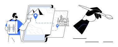 Sırt çantalı gezgin, tablet haritasında rotalar, işaretler ve yaratıcı illüstrasyonlarla hedefleri keşfediyor. Seyahat, seyrüsefer, teknoloji, yaratıcılık, keşif sanatı icatları için ideal. Basit düz