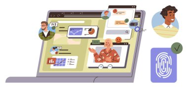 Bilgisayar ekranında video aramaları, veri tabloları ve güvenli kullanıcı kimlik doğrulaması var. Uzaktan çalışma, takım çalışması, teknoloji, dijital güvenlik, online eğitim iletişimi için ideal. Basit.