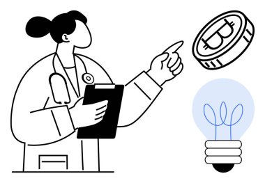 Elinde dosya tutan kadın doktor, parlayan bir ampulün yanındaki Bitcoin bozukluğunu işaret ediyor. Kripto para birimi, yenilik, teknoloji, sağlık, finans ve eğitim için idealdir.
