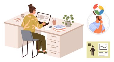 Bilgisayarda veri tabloları, kitaplar, bitkiler ve raporlarla çalışan bir kadın meslektaşıyla uzaktan yakından ilgileniyor. Takım çalışması, verimlilik, çevrimiçi işbirliği, veri analizi çalışma alanı için ideal