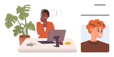 Müşteri desteği temsilcisi. Kulaklıklı. Müşteri soruşturmasına bilgisayar ekranı ile cevap veriyor. Müşteri hizmetleri, çevrimiçi destek, iletişim, takım çalışması, danışma, uzaktan çalışma için ideal