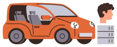 İçi görünen turuncu araba, insan profili ve bağlantı, yapay zeka ve yeniliği temsil eden sunucu yığınları. Teknoloji, ulaşım, yapay zeka, yenilik otomasyon akıllı şehirler için idealdir.