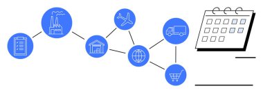 Fabrika, depo, dünya, uçak, kamyon, alışveriş arabası ve takvimle birlikte akış şeması. Lojistik, iş planlaması küresel ticaret envanter yönetimi üretim teslimatı için ideal