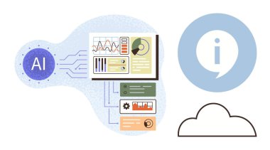 Yapay zeka verileri, bulut depolama ve bilgi erişim kaynaklarına bağlanan etkileşimli gösterge panelleri ve grafikler aracılığıyla işler. Teknoloji, analitik, yapay zeka, bulut hesaplama, yenilik ve veri için ideal
