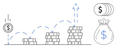 Yükselen bozuk paralar, para torbaları ve oklar yükseliş eğilimlerini gösteriyor. Finans, yatırım, tasarruf, refah yönetimi, iş büyümesi ekonomik stratejisi için ideal başarı. Basit düz