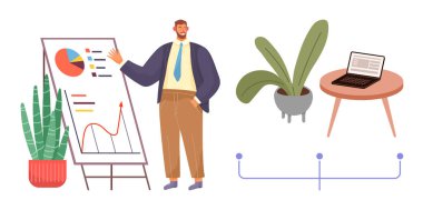 Etrafı ev bitkileriyle çevrili beyaz tahtadaki çizelgeleri ve masadaki dizüstü bilgisayarları açıklayan bir adam. İş sunumu için ideal, analitik, işyeri, büyüme, üretkenlik, uzaktan çalışma, profesyonel