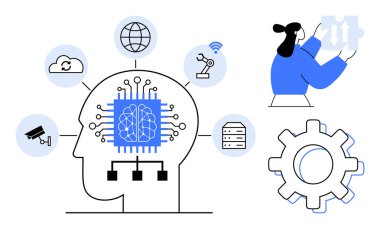 Bulut, robot, sunucu, kamera gibi teknoloji ikonlarıyla çevrili yapay zekayı temsil eden beyni olan insan kafası. Vites ve insan gelişimi vurguluyor, yenilik. Yapay zeka, otomasyon ve veri için ideal