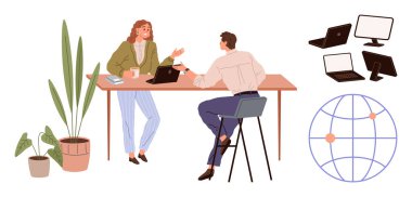 Dizüstü bilgisayarlar, kahve ve bitkilerle birlikte bir masada çalışan iki kişi ve bir küre. Takım çalışması, iletişim, işbirliği, iş dünyası, ağ oluşturma ve uzak çalışma stratejisi için ideal