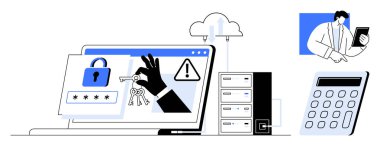 Hackerlar güvenli bir bilgisayardan anahtarları alıyorlar, hata uyarıları, bulut depolama, hesap makinesi, profesyonel denetim. Siber güvenlik, veri koruması, bilişim riski, bulut güvenliğini hacklemek için ideal
