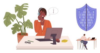 Masasında kulaklığı olan kadın destek ajanı yardım teklif ediyor, dijital kodlu büyük boy güvenlik kalkanı, dizüstü bilgisayarda uzaktan çalışan. IT desteği, siber güvenlik, müşteri bakımı, uzaktan çalışma ve veri için ideal