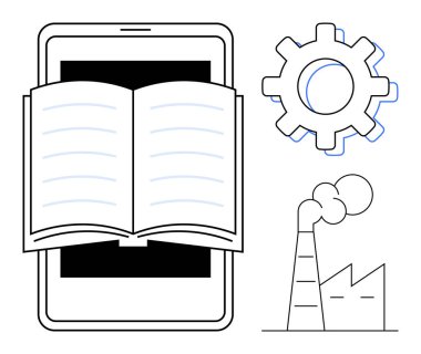 Dijital tablet üzerine açık bir kitap. Öğrenmeyi temsil ediyor. Yenilik için çark, endüstri için fabrika bacası. Eğitim, teknoloji, bilgi paylaşımı, endüstriyel büyüme ve öğrenme araçları için ideal
