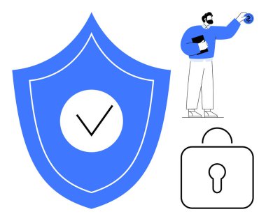 İşaretli mavi kalkan, güvenliği tanımlayan dosyaları tutan adam, siyah asma kilit sembolü. Siber güvenlik, veri gizliliği, şifreleme, güven, güvenli sistemler için ideal basit düz metafor