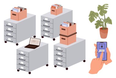 Cep telefonuyla ekranın kilidini açmak, klasörlü dolaplar, saksı bitkisi ve dizüstü bilgisayar. Ofis organizasyonu için ideal, veri güvenliği, işyeri verimliliği, dijital yenilik, takım çalışması modern