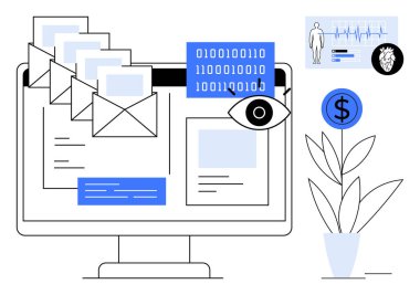 Tıbbi ve finansal sembollerin yanında e-posta, ikili kod ve göz simgesi olan bilgisayar ekranı. İletişim, teknoloji, siber güvenlik, veri analizi sağlık hizmetleri finans temaları için idealdir. Basit.