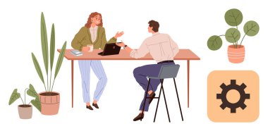 İki meslektaş bir masada dizüstü bilgisayar ve kahveyle tartışıyorlar. Dekoratif saksı bitkileri sakin bir çalışma alanı oluşturur. Takım çalışması, tartışmalar, planlama, yaratıcılık, işbirliği, ofis için ideal