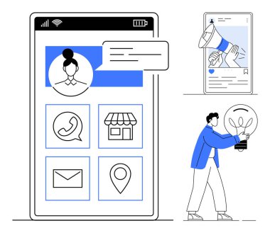 İletişim ve konum simgelerini gösteren akıllı telefon arayüzü, yeni fikirleri sembolize eden ampul tutan kullanıcı profili adamı, hoparlörlü sosyal medya. Ağ kurmak, pazarlama ve yenilik için ideal