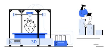 3D yazıcı, aletlerle desteklenen bir insan kalbi üretiyor ve bir bilim adamı dizüstü bilgisayardaki sonuçları analiz ediyor. Yenilik, sağlık, teknoloji, mühendislik, araştırma, tıp, dijital bilim için ideal