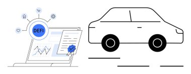 DeFi simgesi, grafikleri ve minimalist araba grafiğiyle eşleştirilmiş sertifikalı belgesi olan bir dizüstü bilgisayar. Finansal teknoloji, otomotiv yeniliği, engelleme zinciri, ademi merkeziyetçi uygulamalar, akıllı sözleşmeler için ideal