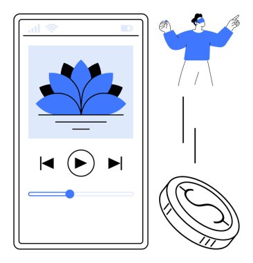 Nilüfer tasarımı, oyun kontrolleri ve ses kaydırıcı ile meditasyon uygulaması arayüzünü gösteren akıllı telefon ekranı. Yatırımı simgeleyen bir madeni parayla el kol hareketi yapan biri. Farkındalık, teknoloji ve sükunet için ideal.