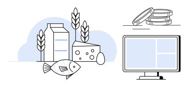 Süt kutusu, peynir, balık, yumurta, tahıl ve yanında bozuk para olan bilgisayar ekranı. E-ticaret, çevrimiçi market, diyet planlaması gıda dağıtımı tarım ve tedarik zinciri için idealdir.