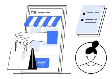 Mobil ekranda vitrin, alışveriş torbaları, profil avatarı ve işlem kağıtları var. E-ticaret, çevrimiçi alışveriş, müşteri yönetimi, mali işlemler, pazarlama için ideal