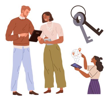 Profesyoneller belgeleri tutarken fikirleri tartışıyorlar, tablet üzerinde dijital haritalama yapıyorlar ve güvenlik ve erişimi sembolize eden klasik anahtarlar kullanıyorlar. Takım çalışması, güvenlik, strateji, planlama ve işbirliği için ideal