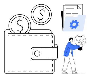 Birikimleri simgeleyen bozuk paralarla dolu cüzdan, organizasyonu gösteren belgeler içeren klasör, yenilik için ampul taşıyan kişi. Finans, bütçe, planlama, tasarruf, yenilik ve fikirler için ideal