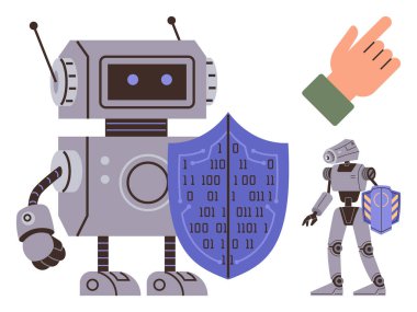 Robot figürleri siber güvenliği temsil eden ikili kodlu kalkanları tutuyor. Dijital güvenlik, veri koruması, yenilik ve gelişmiş teknolojinin altını çizmek. Teknoloji konseptleri ve güvenlik için ideal