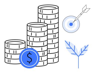 Madeni para yığınları finansal büyümeyi temsil eder, oklu bir hedef başarısını simgeler, ve bir yaprak sürdürülebilirliği taşır. Finans, yatırım, hedefler, iş stratejisi, zenginlik için ideal