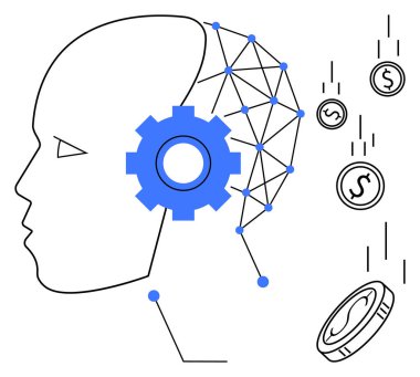 Sinir ağı ve donanımlı insan profili yapay zeka buluşunu sembolize ediyor. Düşen paralar finansal başarıyı temsil eder. Yapay zeka, teknoloji, finans, otomasyon, ekonomi, yaratıcılık için idealdir.