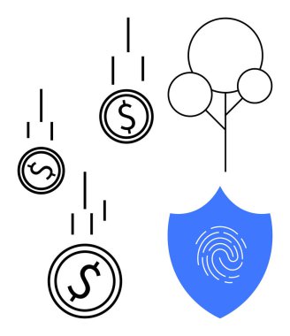 Yatırım, zenginlik koruması, büyüme, mali güvenlik, tasarruflar, dijital ekonomi ve teknoloji entegrasyonunu temsil eden parmak izleri olan sikkeler ağaç ve kalkanlara doğru düşüyor. Fintech için ideal