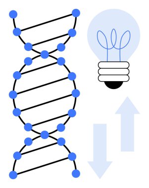 Mavi atomlu DNA ipliği yaratıcılık için ampul ve dinamik için oklar. Genetik, araştırma, yenilik, öğrenme, ilerleme yaratıcılığı ve biyoteknoloji temaları için idealdir. Basit bir daire.